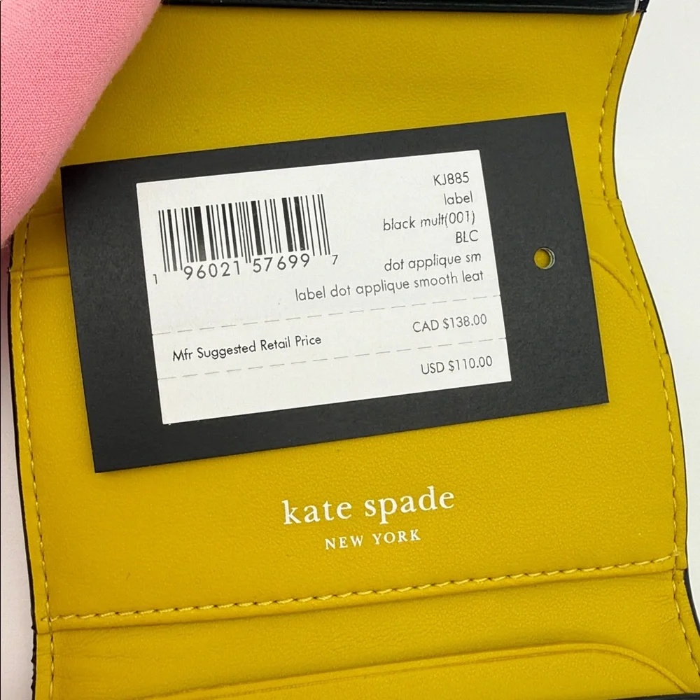 Kate Spade Label Dot Applique Card Case Trifold Wallet Black Multi